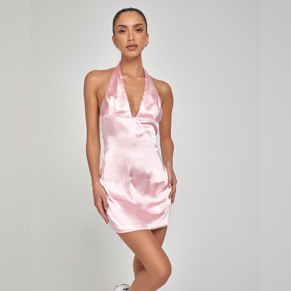 New Motel bought at Princess Polly size M pink satin mini dress with halter neck